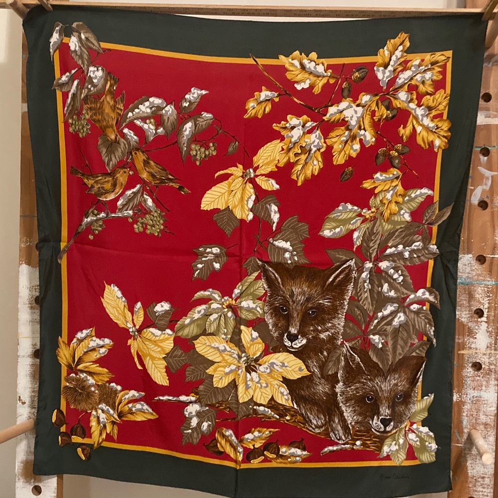 Pierre Cardin 100% silk  Scarf Vintage Nature Red and Yellow Fox Print 34 inch